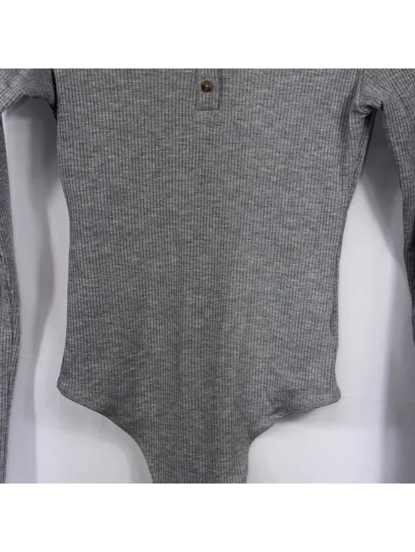American Eagle Small Gray Ribbed Henley Bodysuit Long Sleeve - Image 3