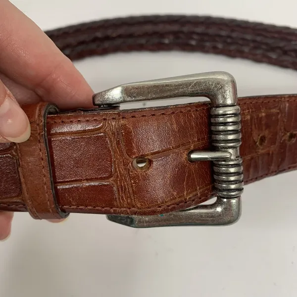 Brown‎ Leather Size M Croc Embossed Braided Belt Silver Tone Heavy Buckle Concho - Image 4