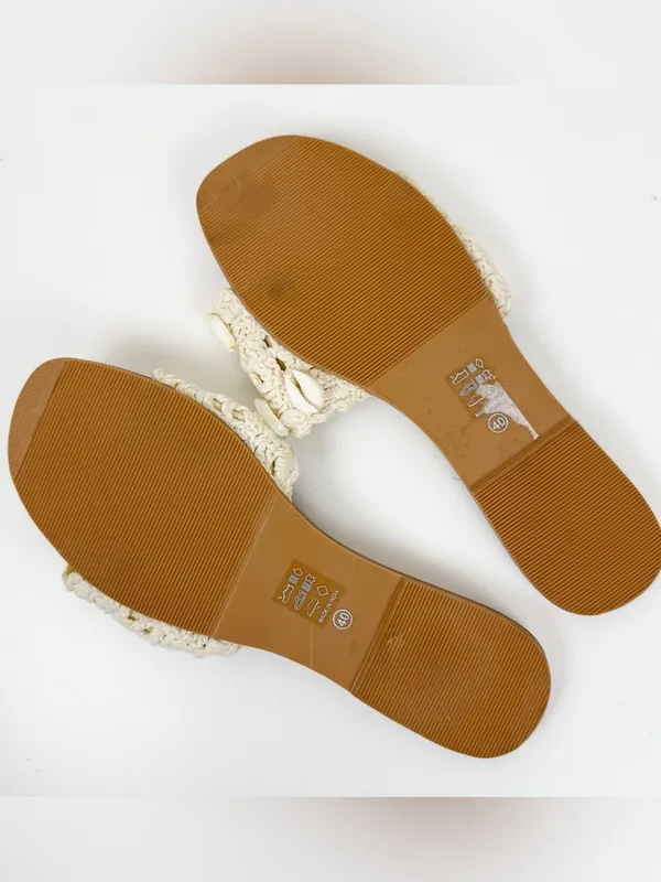 MANEBI Yucatan Raffia Sandals Crochet Shell Leather Slide Tan Size 10 - Image 4