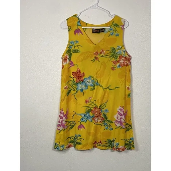 Indian Tropical Fashion Yellow Floral Beaded Sequin Rayon Sundress V-Neck M - Image 12