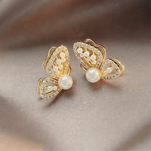Gold Butterfly Stud Earrings for Women,White Pearl Earrings,Butterfly Earrings - Image 3