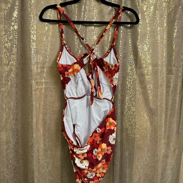 Cupshe Red Orange Floral Olivia Cut Out Tie Back‎ One Piece Swimsuit XL NWT - Image 2