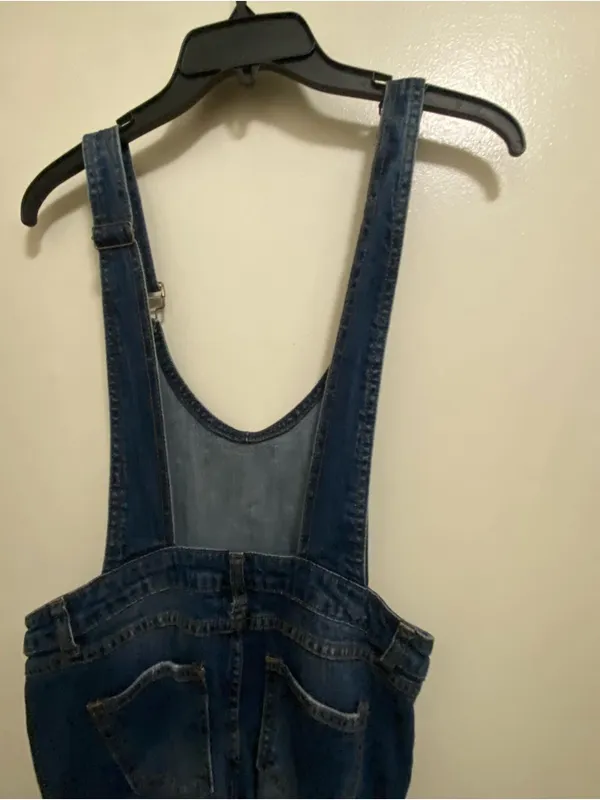 I&M Jeans Womens Dark Blue Wash Denim Overalls Pants S Small 29” Distressed - Image 7