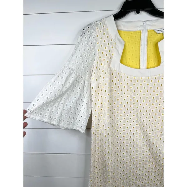 Trina Turk White Eyelet Bell Sleeve A-Line Dress Size 8 Yellow Lining Cotton - Image 4
