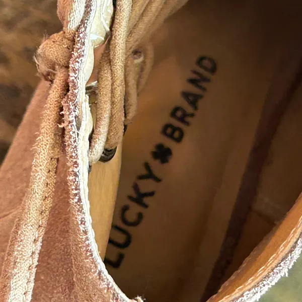 Lucky Brand Jaevin Tan Suede Peep Toe Wedge Booties Lace Up Side Zip Mens 9M‎ 39 - Image 10