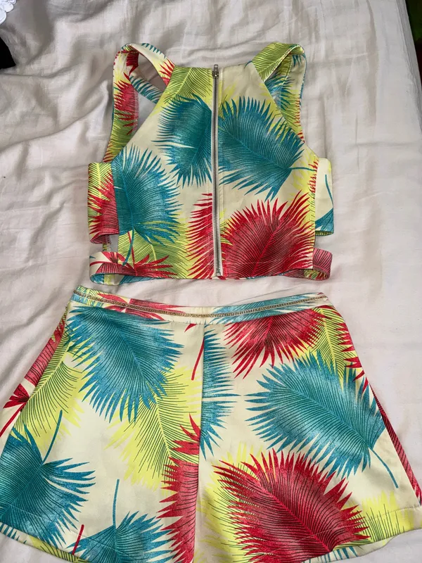 Tropical Palm Print Crop Top & Short Set - Multicolor - Image 3