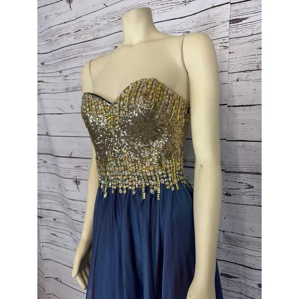 2000s Glow Dress Blue Chiffon Beaded Prom Gown Gold Sequin Formal Strapless S - Image 6