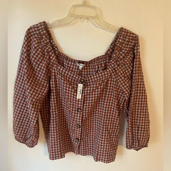 Madewell Gingham Seersucker Puff-Sleeve Button-Front Top Size 4 - Image 11