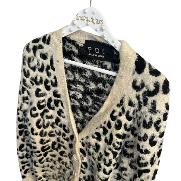 POL Women's Size large Cardigan Leopard Animal Print Eyelash‎ Fuzzy Sweater - Image 2