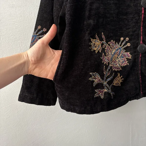 Victorian Chenille Jacket Size Medium 8 10 Black Whimsigoth Regency Asian Floral - Image 5