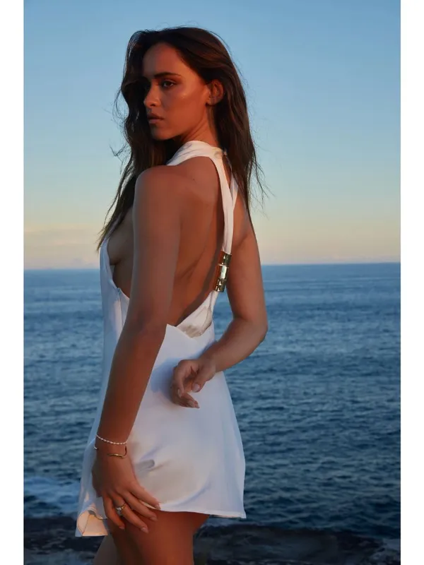 SNDYS Nixie Mini Dress in White Small New Womens Satin Open Back - Image 15