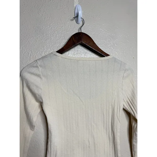 DÔEN Romy Tee S Cream Pointelle Cotton Scoop Neck Long Sleeve Top - Image 2