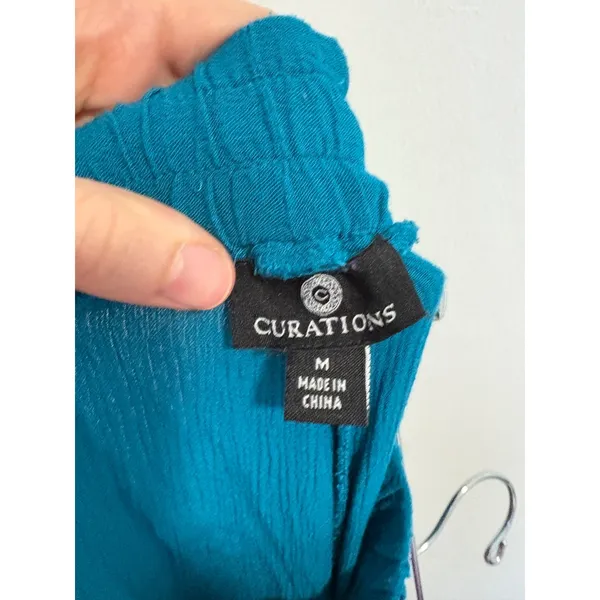 Curations Teal Blue Embroidered Wide Leg Pants Boho Crinkle Viscose Pockets M - Image 7