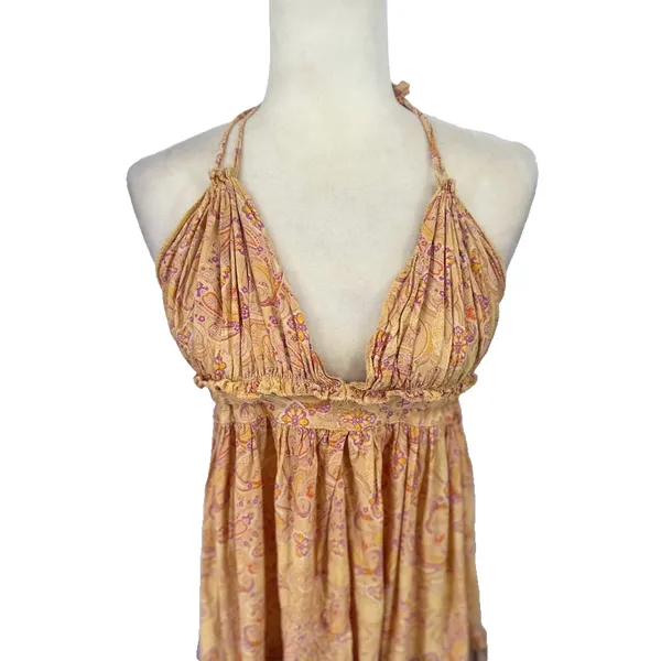 R Vivimos Halter V Neck Mini‎ Ruffle Dress Sz Medium Yellow Floral Boho Festival - Image 2