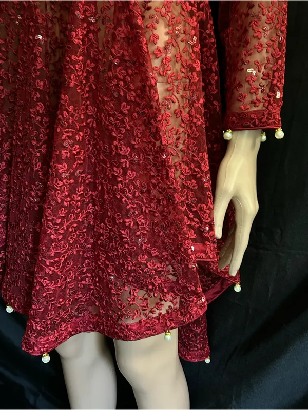 Embroidered Red Lace Fit-and-Flare Women's Dress MD - Image 4