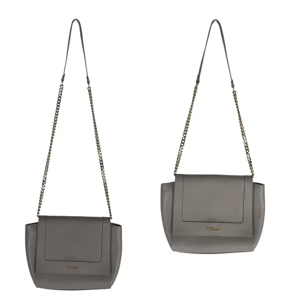 Furla Ginevra Leather Mini Crossbody Bag Sabbia Beige Gray Gold Chain - Image 14