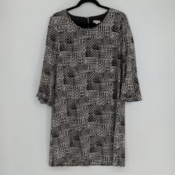 Garnet Hill Bell Sleeve Silk Shift Dress Women’s 10 Black White Geometric Office - Image 2