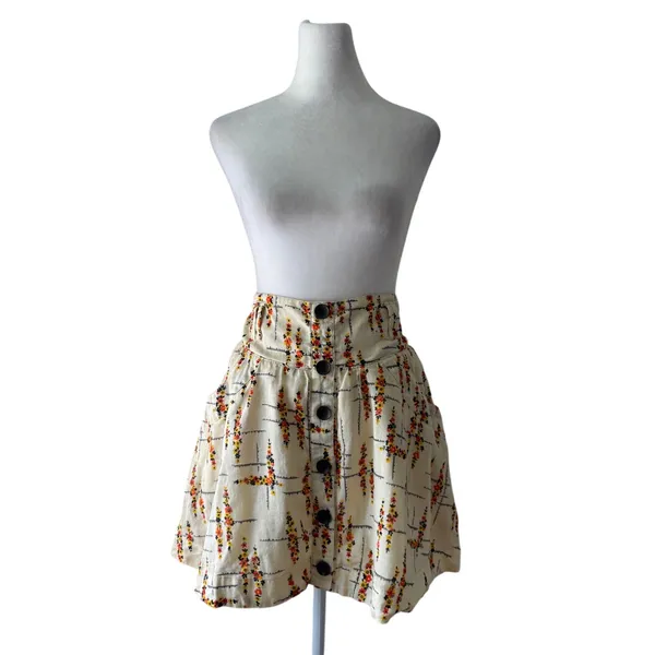 Free People Cream Floral Print Linen Blend Button Front Mini Skirt - Image 3
