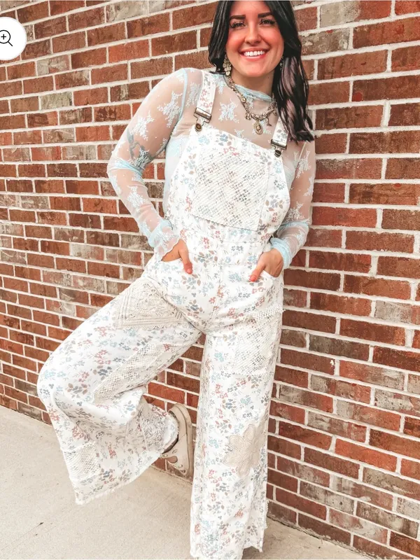 NWT POL Touch of Flowers Crochet Patch Overalls, Cream Floral Patchwork - Image 4