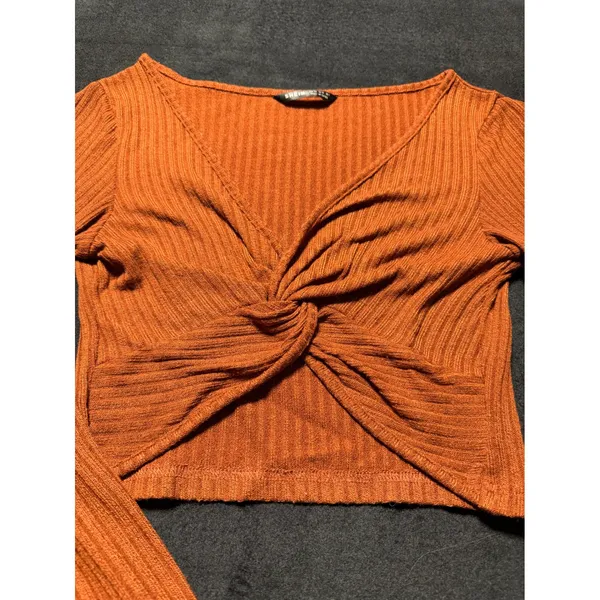 SHEIN Orange Ribbed Twist Front‎ Long Sleeve Crop Top Women's XS - Image 2