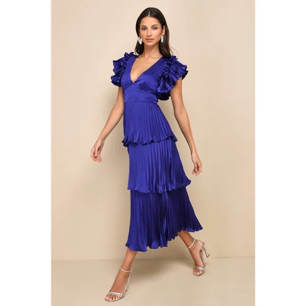 Lulus Stunning Desire Cobalt Blue Satin Pleated Tiered Midi Dress Wedding Medium - Image 7