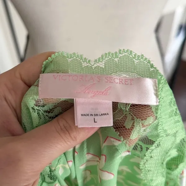 Y2K Victorias Secret Light Green Pink Floral Lace Knee Length Slit Slip - Image 6