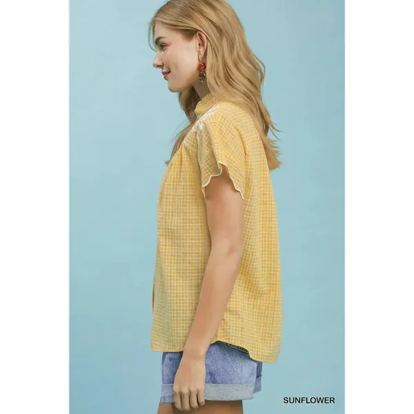 Umgee Embroidered Print‎ Scallop Sleeve Button Front Blouse - Sunflower - Small - Image 2