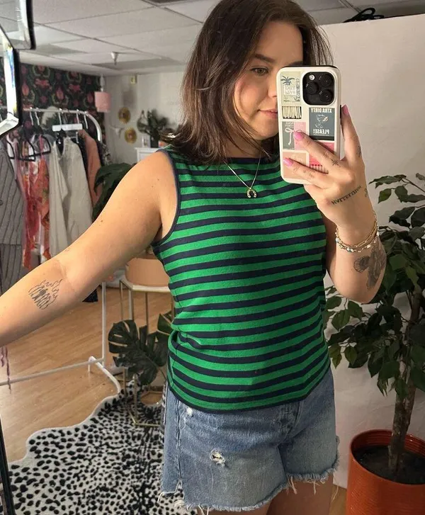 J. Crew Crew Neck Stripe Tank Top Green Navy Size Large - Image 3