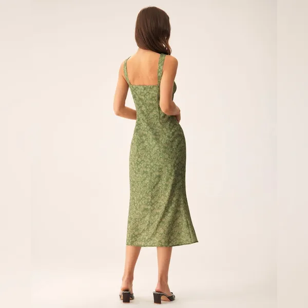 Rihoas Green Floral Square Neck Slip Midi Dress - Image 3