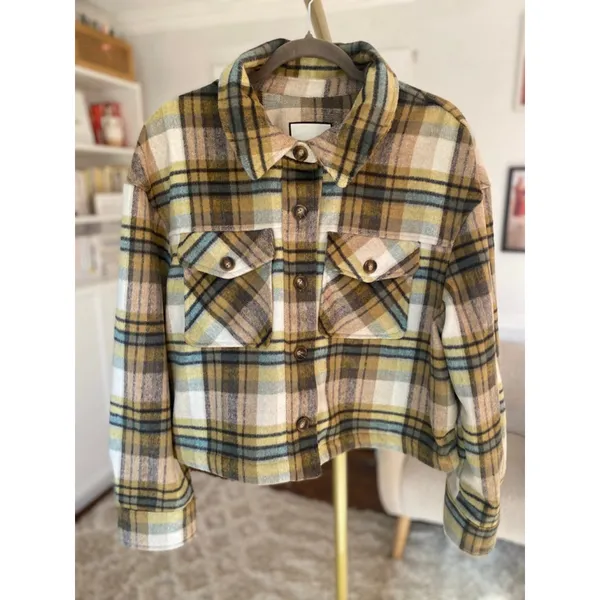 Bagatelle‎ Collection Cropped Plaid Shacket Yellow Blue XL Quiet Luxury Earthy - Image 2