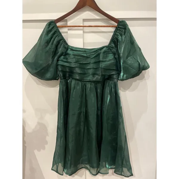 Entro Green Organza Party Bubble Sleeve Mini Dress, L - Image 4
