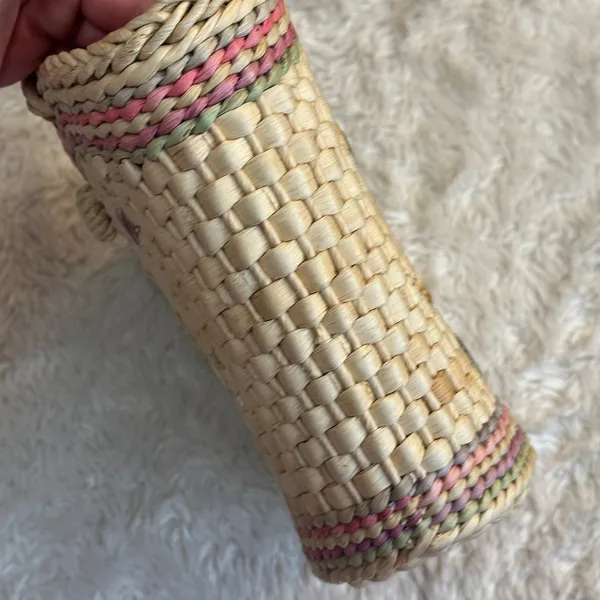 Vintage Straw Cottagecore Handle Purse Basket Bag Pink Gingham Floral - Image 9