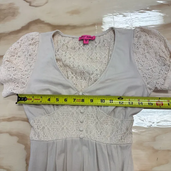 Betsey Johnson Mosaic Lace Puff-Sleeve Midi Dress Crochet Back Cream Sm JL408532 - Image 14