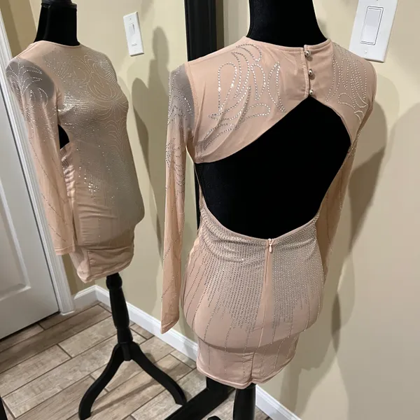 Rhinestone Open Back Mini Dress Slim Fit Mock Neck Backless Long Sleeve Tan Dress Party Dress Prom Wedding - Image 5