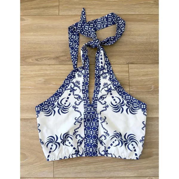 NWT COMMENSE Blue White Printed Palm Tropical Halter Crop Top Womens Large - Image 3