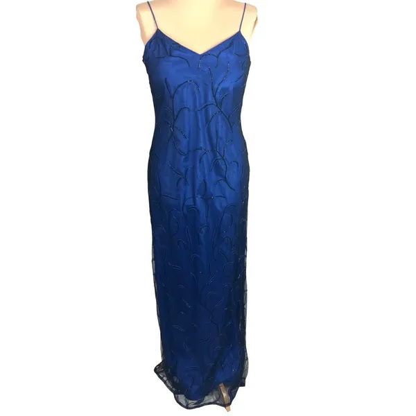 Vtg Beaded Gown Slip Dress Blue 12 Prom Whimsigoth Formal Goth Cassandra Stone - Image 2