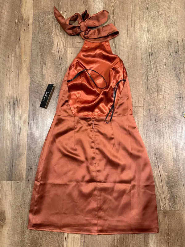 Lulu’s Celebrate Me Rust Brown Satin Halter Mini Dress XS - Image 4
