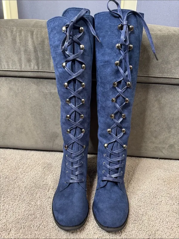 Tall Blue Faux Suede Lace-Up Women’s Boots Size 7 (38) NEW - Image 3