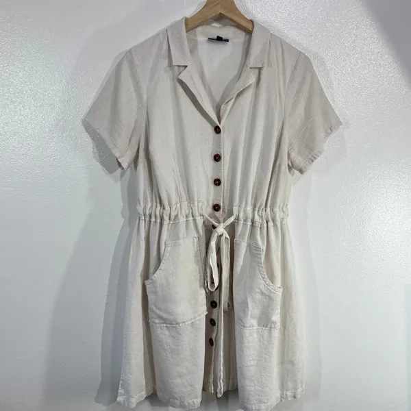 ModCloth Linen Blend Shirt Dress 1X Coastal Soft‎ Girl Minimalist Beige Pockets - Image 2