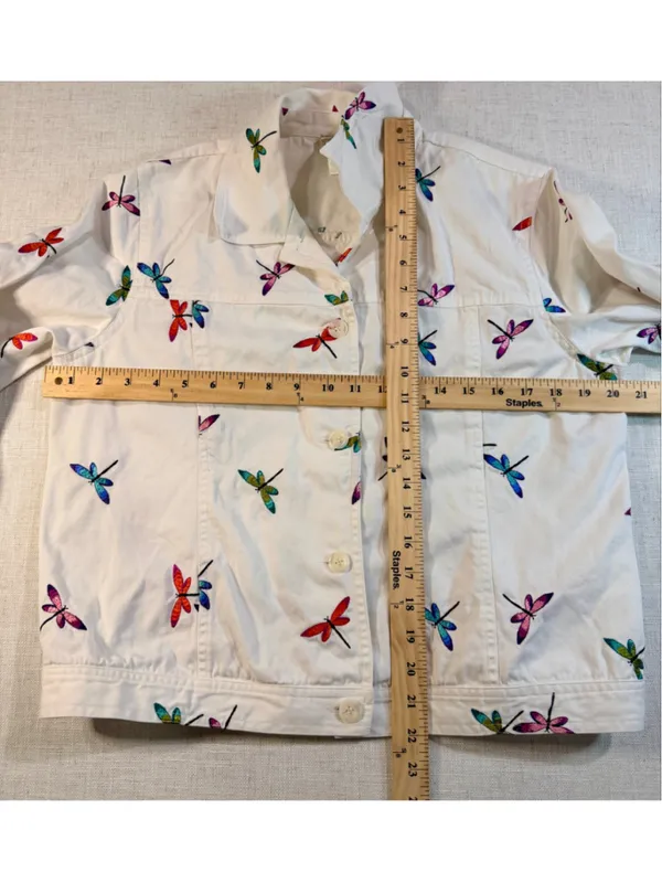 Coldwater Creek White Cotton Trucker Jacket Embroidered Dragonflies Size L - Image 3