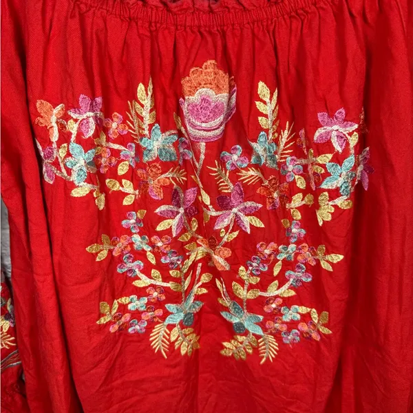 Free People Red Fleur Du Jour off the shoulder embroidered floral dress‎ small - Image 5