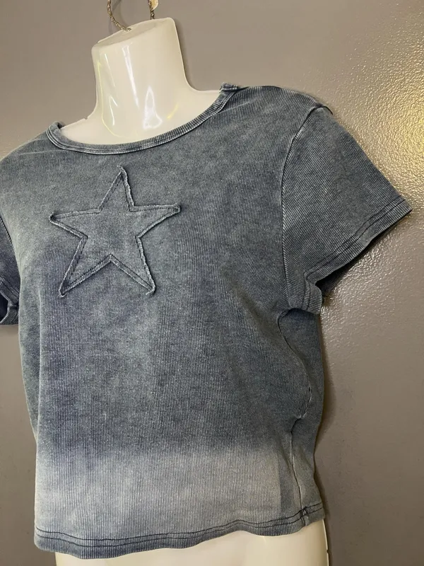 Star Applique Shirt Womens Large Blue Washed Ribbed Cropped Short Sleeve Tee Top - Image 3