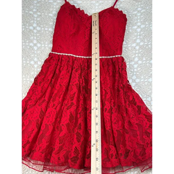 City Studio Ruby Red Lace Fit & Flare Dress Size 3 Rhinestone Waist NWT - Image 9