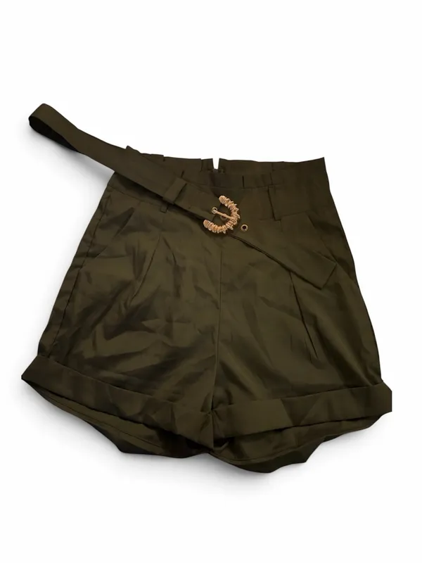 Olive Green Pleated Women’s Shorts with Belt - Image 2
