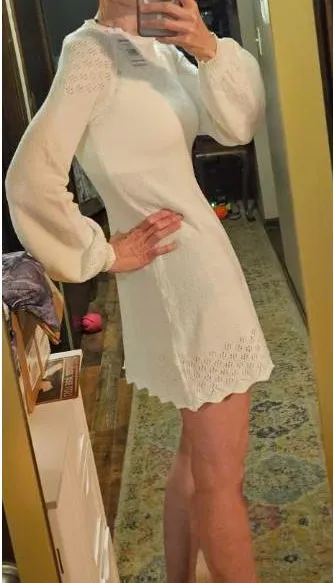 RUMORED Knit Pullover Dress White Crew Neck Open Knit Lace Accent S Women - Image 3