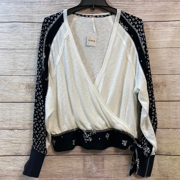 Free People Auxton Thermal Wrap Top Ivory Black Floral Waffle Knit Shacket S - Image 4