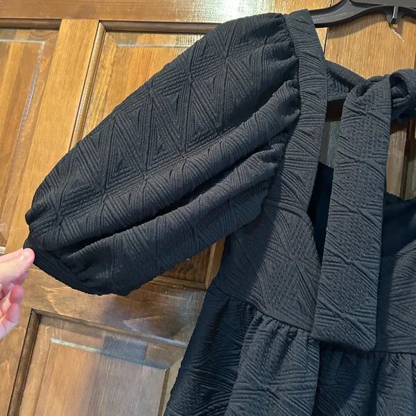 Free People Violet Mini Dress Black Textured Puff Sleeve Empire‎ Waist XS - Image 7