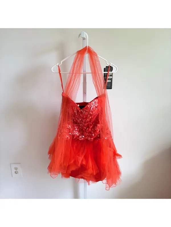 Cinderella Divine NWT Coral Sequin Strapless Sweetheart Neck Tulle Dress 4 - Image 2