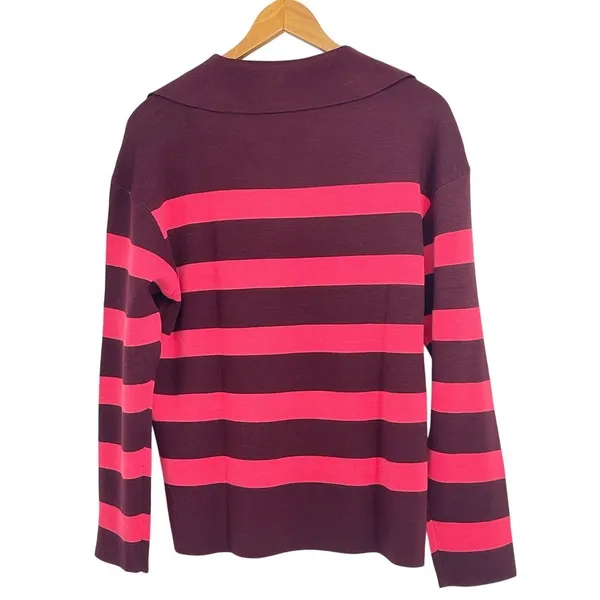 Talbots‎ Large Pink Burgundy Rugby Striped Wool Blend V-Neck Polo Sweater NWT - Image 2