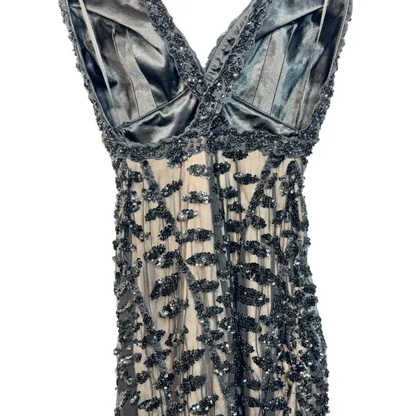 NWT Mandalay Black Silk Beaded Sequin Short Midi Evening Formal Dress Womens 4 - Image 9